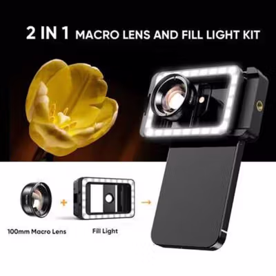 APEXEL Lensa Kamera HP 2 in 1 Macro Lens with LED Fill Light - APL-HB100FL23 - Black