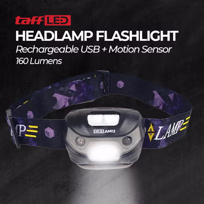 TaffLED Senter Kepala Headlamp LED Motion Sensor Waterproof 160 Lumens - HE30 - Black