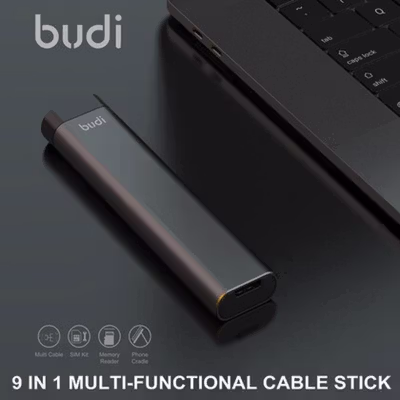 BUDI Cable Stick 9 in 1 Multifunctional USB TF SIM Card Reader Storage - DC516B - Black