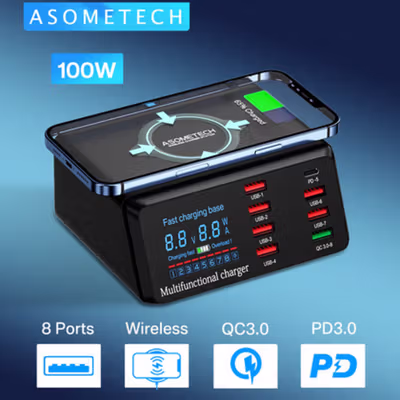 ASOMETECH Charging Station USB Dock QC3.0 Wireless Charge 8 Port 100W - WLX-X9 - Black