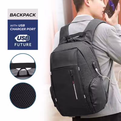 CEAVNI Tas Ransel Laptop Backpack 15.6 Inch with USB Charger Port - CV9032 - Black