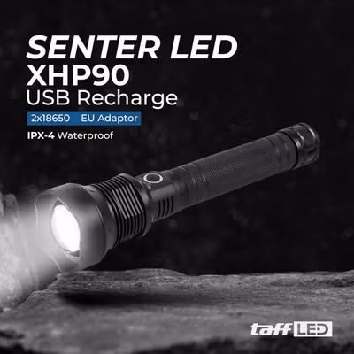 TaffLED Senter LED XHP90 USB Rechargeable Waterproof IPX4 1300 Lumens - JHS522X - Black