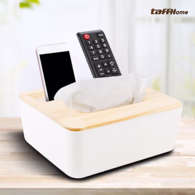 TaffHOME Tempat Tisu Kayu Multifungsi with Smartphone Remote Holder - ZJ004 - White