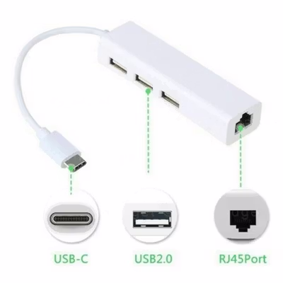 USB Type C LAN Ethernet Adaptor with 3 Port USB Hub 2.0 - SYZD-LAN100+U2 - White