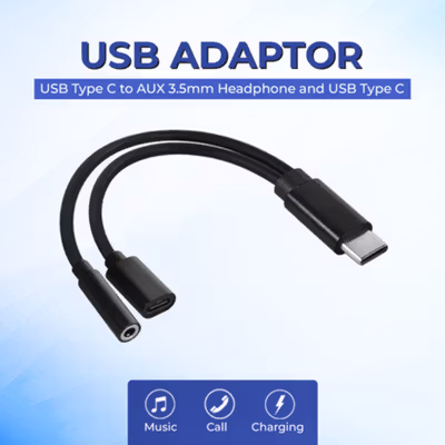 ROBOTSKY Adaptor 2in1 USB Type C to AUX 3.5mm Headphone and USB Type C - S-K06 - Black