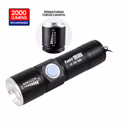 TaffLED Senter LED Mini Zoom Flashlight USB Rechargeable Q5 2000 Lumen - Black