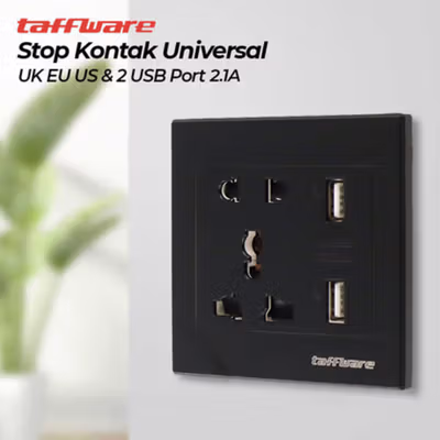 TaffHOME Stop Kontak Universal Socket UK EU US dan 2 Port USB 2.1A - Y1-001 - Black