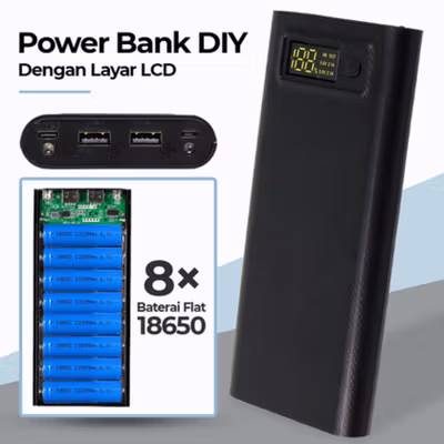 Kebidumei Power Bank DIY Case Dual USB Port 8 PCS 18650 Flat Top - S8 - Black