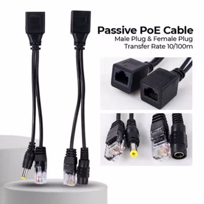 Passive PoE Power Over Ethernet Cable with Male Female Power Plug - D1350 - Black