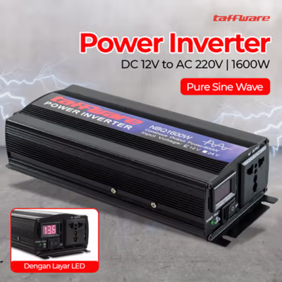 Taffware Power Inverter Mobil Pure Sine Wave DC 12V to AC 220V 1600W - NBQ1600W - Black