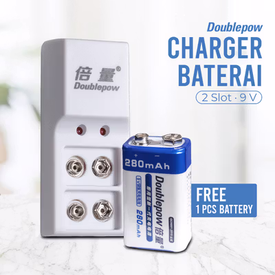 Doublepow Charger Baterai Rechargeable 2 Slot 9V with 9V 1 PCS - DP-B09 - White
