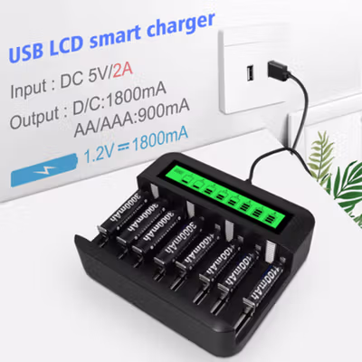 PALO Charger Baterai 8 Slot AA AAA C D Ni-MH Ni-CD Large LCD Display - NC559 - Black