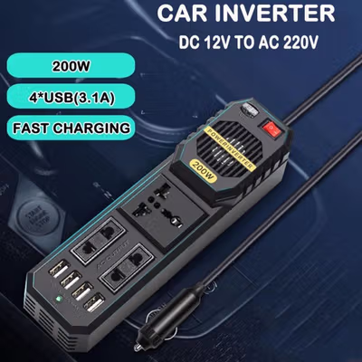OTOHEROES Car Power Inverter DC 12V to AC 220V 200W with 4 USB Port - E8981 - Black