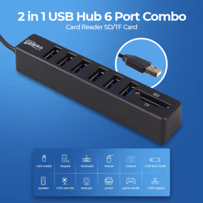 Card Reader 8in1 USB 2.0 USB Hub USB 2.0 MicroSD SD TF Card - CB220602 - Black