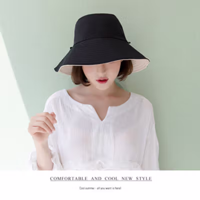 Daddy Chen Topi Wanita Bucket Hat Bolak Balik Foldable 2in1 Kain Katun - 1808 - Black