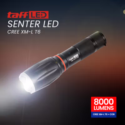 TaffLED Senter LED Cree XM-L T6 Zoom Waterproof IP65 8000 Lumens - E17 COB - Black