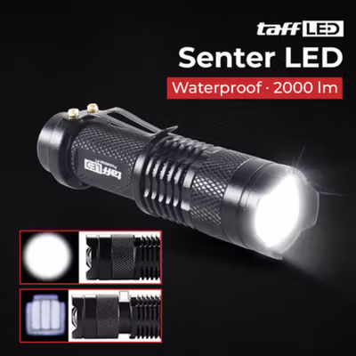 TaffLED Senter LED 2000 Lumens Zoom Waterproof - Pocketman P1 - Black
