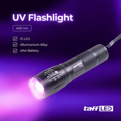 TaffLED Senter UV LED Cree T6 1000 Lumens Zoom Portable 395nm - T118 - Black
