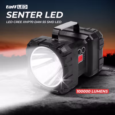 TaffLED Senter LED Flashlight Recharge XHP70 dan 55 SMD 100000 Lumens - W845 - Black