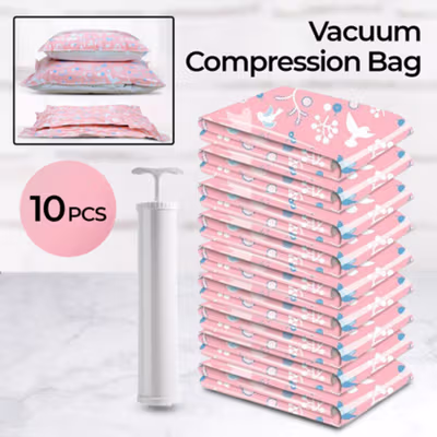 TaffPACK Kantong Plastik Vakum Pakaian Multisize 10 PCS Hand Pump - SN1000 - Pink