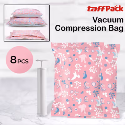TaffPACK Kantong Plastik Vakum Pakaian Multisize 8 PCS with Hand Pump - SN1000 - Pink