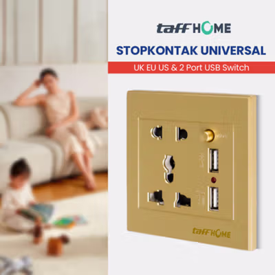 TaffHOME Stopkontak Universal UK EU US with 2 Port USB Switch - LC-23 - Golden