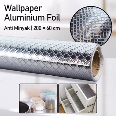 TaffHOME Sticker Wallpaper Aluminium Foil Anti Minyak Grid 200x60cm - CFT3 - Silver
