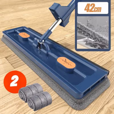 Bwohops Kain Pel Hands-free Lazy Flat Mop Wet and Dry with 2 Cloth - B39 - Dark Blue