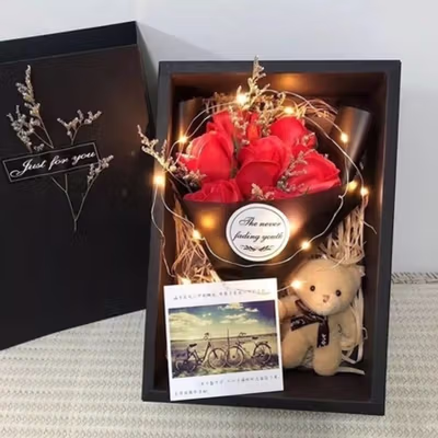 WS Buket Bunga Sabun Mawar Boneka LED String Soap Rose Valentine Gift - WS-07 - Red