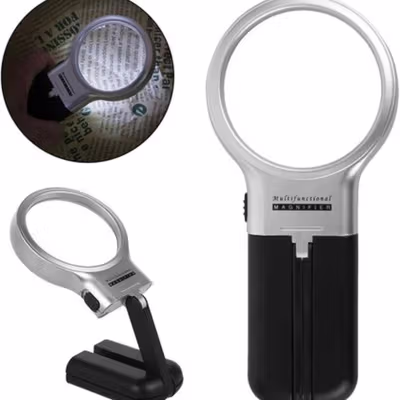 FOX Kaca Pembesar Lipat Foldable Magnifying Glass with 2 LED 63mm 3X - TH-7006 - Silver