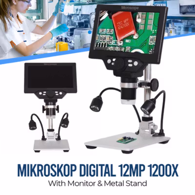 Taffware Mikroskop Digital 12 MP 1200X Monitor 7 Inch Stand and LED - G1200 - Black