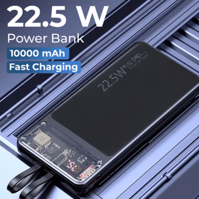 Shark Power Bank 10000mAh Fast Charging PD 2in1 Cable USB Port 22.5W - KP103 - Black