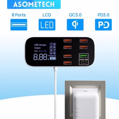 ASOMETECH Charger USB 8 Port Fast Charging PD QC 40W with LED - WLX-A9D - Black White