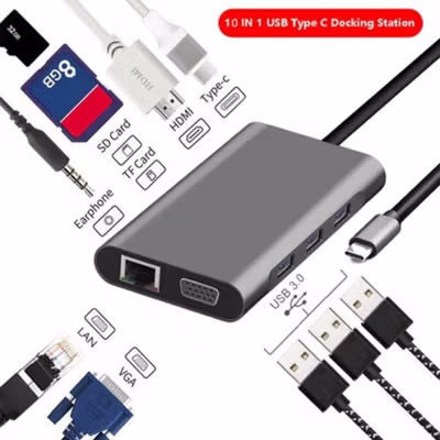 EASYIDEA USB Type C Hub 10 in 1 HDMI VGA USB 3.0 LAN RJ45 Card Reader - VD76 - Gray