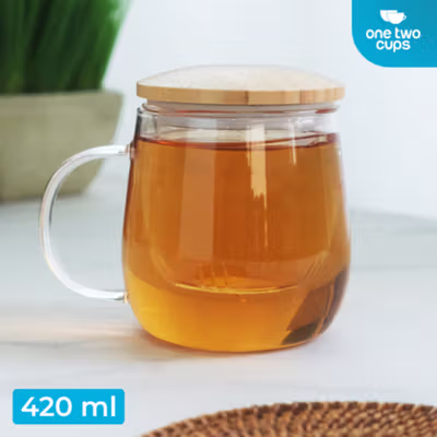One Two Cups Cangkir Teh Saringan Kaca Tahan Panas Infuser Mug 420ml - C225 - Transparent