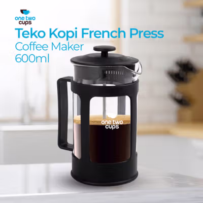 One Two Cups French Press Coffee Maker Pot Plunger Glass 600ml - FN40 - Black