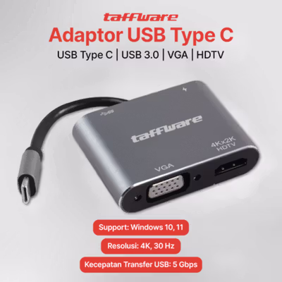 Taffware Video Adaptor 4 in 1 USB Type C to HDTV VGA PD Charging 4K - D87 - Gray