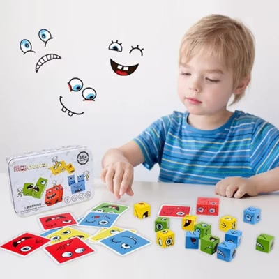 Yijia Mainan Puzzle Kubus Kayu Face Changing Funny Building Blocks - MMM-1055 - Multi-Color