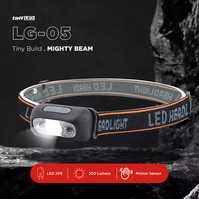 TaffLED Senter Kepala Headlamp LED Motion Sensor IPX4 200 Lumens - HE10 - Black