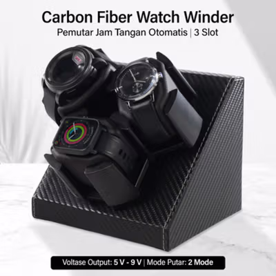 FRUCASE Watch Winder Carbon Fiber Pemutar Jam Tangan Otomatis 3 Slot - SKW33 - Black