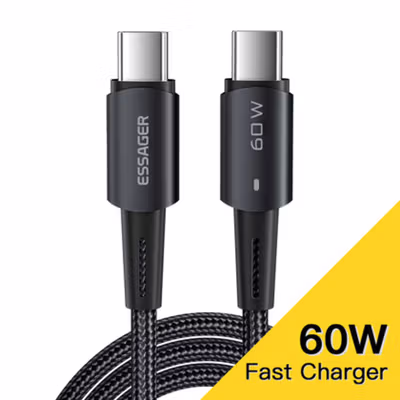 ESSAGER Kabel Data USB Type C to Type C Fast Charging LED Braided 60W 50cm - ES-X16 - Black