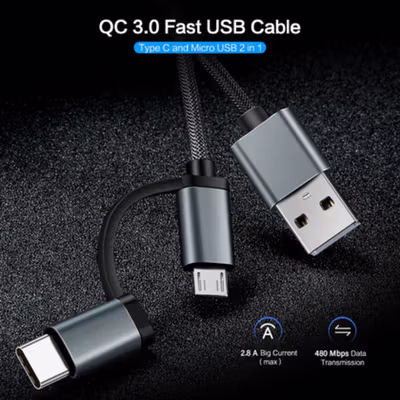 FLOVEME Kabel Charger 2in1 Fast Charging Micro USB Type C 14W 1.2M - B00626 - Gray