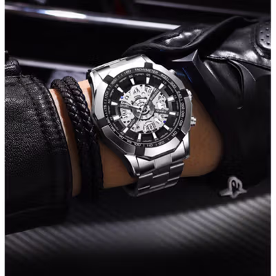 BINBOND Jam Tangan Analog Watch Quartz Waterproof - B-45 - Black/Silver