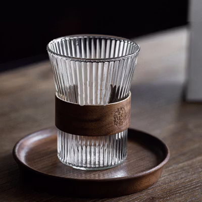 GIANXI Gelas Kaca Aesthetic Kopi Teh Japanese Wood Sleeve Glass 300ml - GN14 - Transparent