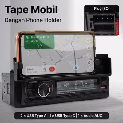 Taffware Tape Mobil Audio MP3 Player Bluetooth USB ISO Phone Holder - HL83 - Black — gambar 1