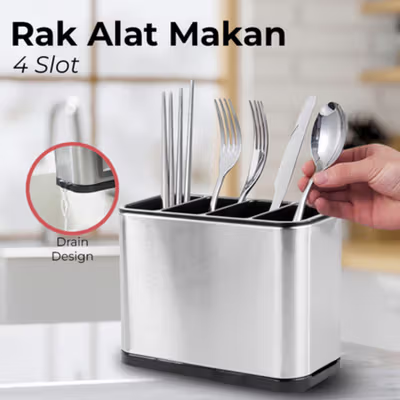 Gulegula Tempat Sendok Garpu Stainless Steel Cutlery Holder 4 Slot - BY-889 - Silver