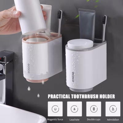 Ecoco Rak Sikat Gigi dan Gelas Magnetic Wall Mounted Toothbrush Holder - E1905 - Gray