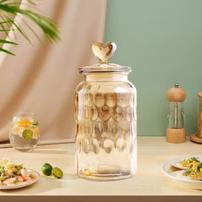 One Two Cups Toples Kaca Penyimpanan Makanan Kedap Udara 950ml Water Droplet - GFS137 - Brown — gambar 1