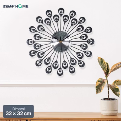 TaffHOME Jam Dinding Besi Bulu Merak Silent Movement 32cm - WM-32 - Black — gambar 1