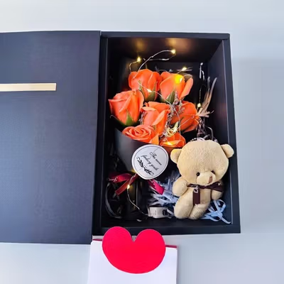 WS Buket Bunga Sabun Mawar Boneka LED String Soap Rose Valentine Gift - WS-07 - Orange — gambar 1